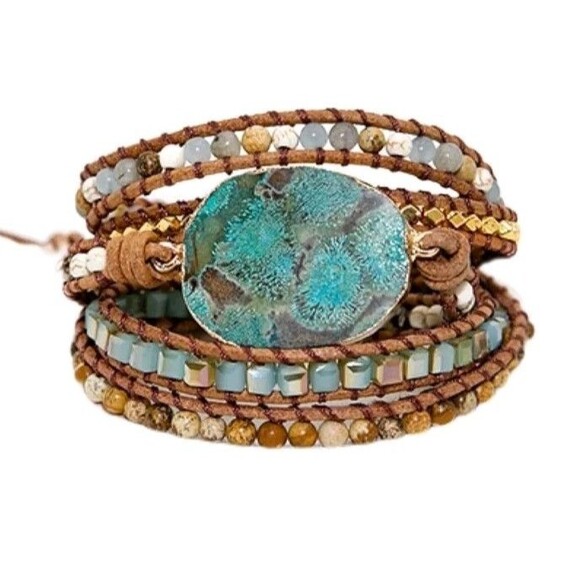 Handcrafted Boho Chic Turquoise Ocean Jasper Wrap Leather Bracelet XLNT - Picture 2 of 4